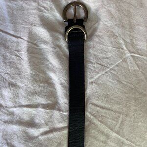black leather belt with bronze buckle